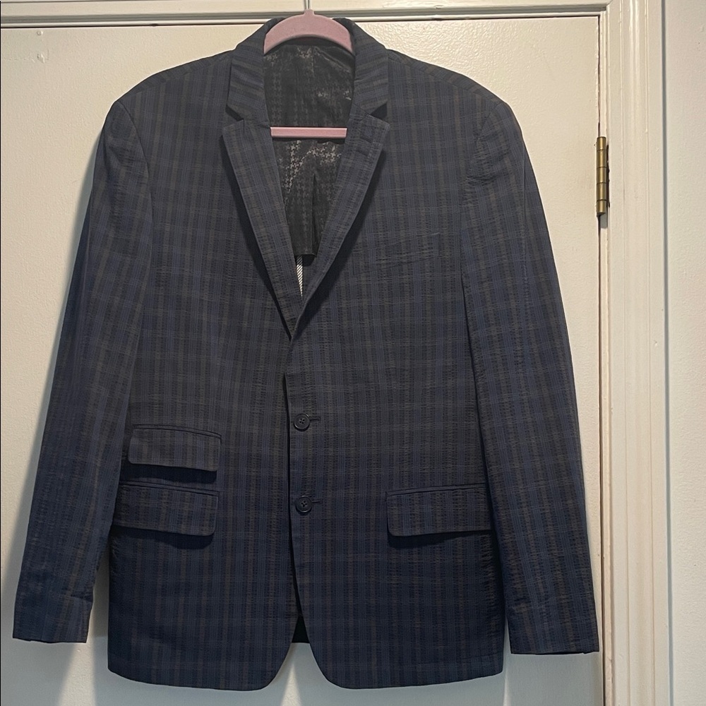 John Varvatos Dark Navy Plaid Sport Double Button 3 Pocket Back Flaps Jacket